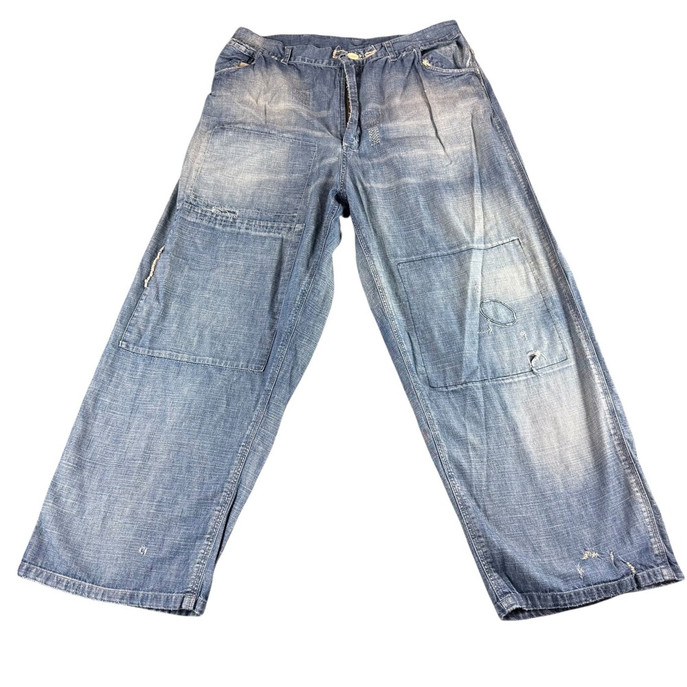 Magnolia Pearl Distressed Patchwork Denim Wide Leg Pants Light Wash Blue OS - Picture 3 of 16
